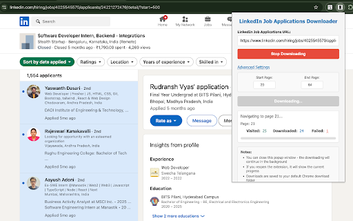 HumanBit LinkedIn Applications Downloader  from Chrome web store to be run with OffiDocs Chromium online