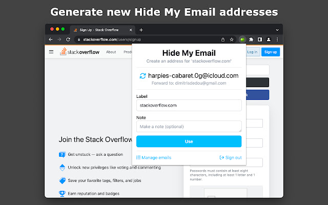 iCloud Hide My Email  from Chrome web store to be run with OffiDocs Chromium online