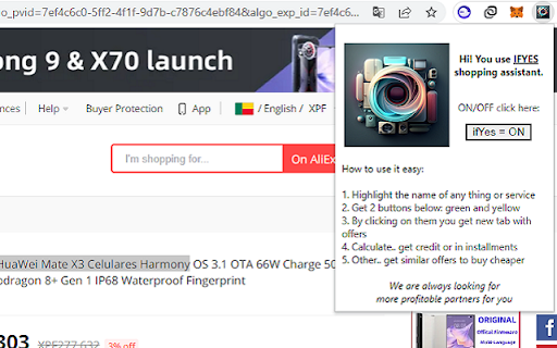 ifYes shopping assistant  from Chrome web store to be run with OffiDocs Chromium online