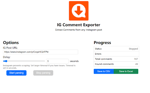 IG Comment Export Tool  from Chrome web store to be run with OffiDocs Chromium online