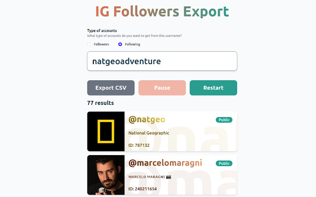 IG Followers Export  from Chrome web store to be run with OffiDocs Chromium online