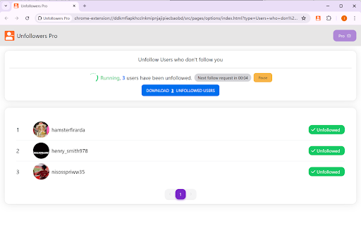 IG Unfollow Pro  from Chrome web store to be run with OffiDocs Chromium online