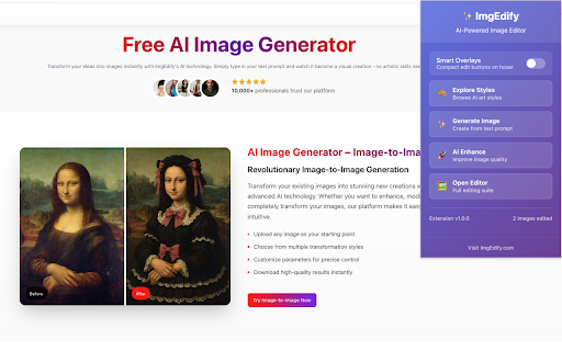 ImgEdify AI Image Generator and Editor  from Chrome web store to be run with OffiDocs Chromium online