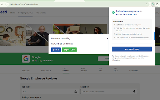 Indeed company reviews extractor export csv  from Chrome web store to be run with OffiDocs Chromium online
