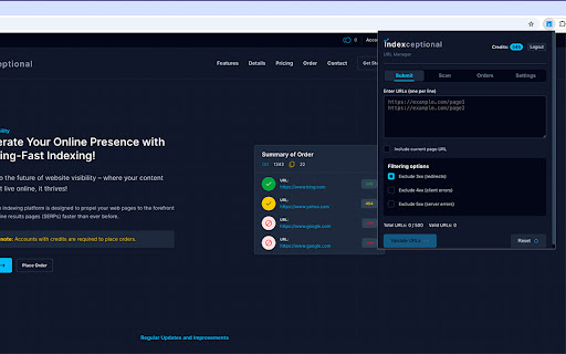 Indexceptional URL Manager  from Chrome web store to be run with OffiDocs Chromium online