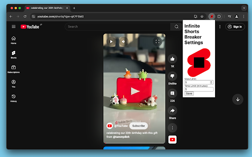 Infinite Shorts Breaker: Set viewing and time limits!  from Chrome web store to be run with OffiDocs Chromium online