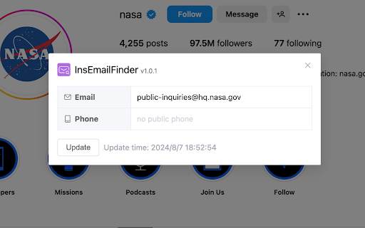 InsEmailFinder Find email  phone of an IG account  from Chrome web store to be run with OffiDocs Chromium online