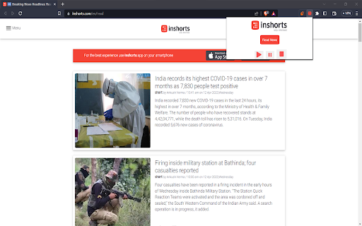 Inshorts News Reader (Unofficial)  from Chrome web store to be run with OffiDocs Chromium online