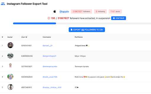 Instagram follower export tool  from Chrome web store to be run with OffiDocs Chromium online