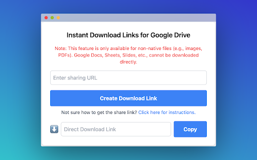 Instant Download Links for Google Drive  from Chrome web store to be run with OffiDocs Chromium online