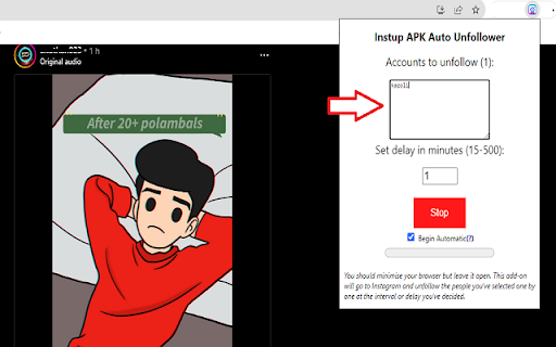 Instup  Auto Unfollower  from Chrome web store to be run with OffiDocs Chromium online