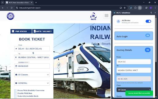IRCTC TatkalMate  from Chrome web store to be run with OffiDocs Chromium online