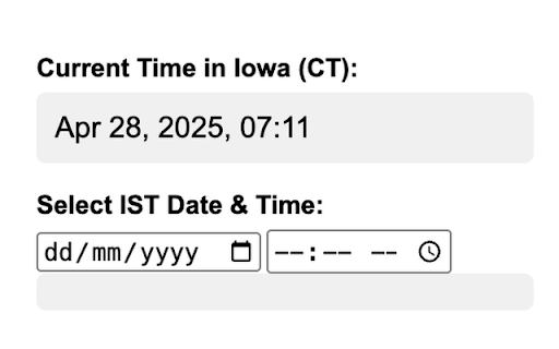 IST to Iowa Time Converter  from Chrome web store to be run with OffiDocs Chromium online