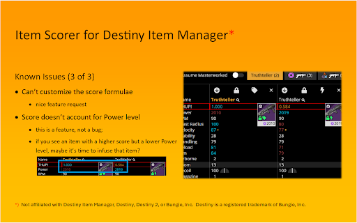 Item Scoring Extension for Destiny Item Manager  from Chrome web store to be run with OffiDocs Chromium online