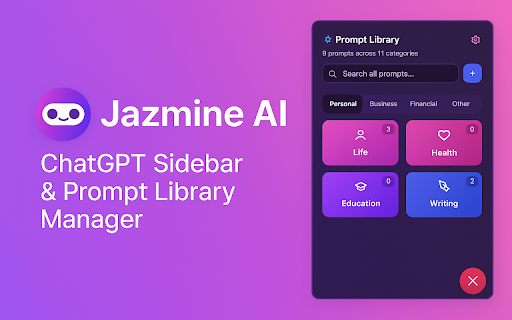 Jazmine AI – ChatGPT Sidebar with Prompt Library Manager  from Chrome web store to be run with OffiDocs Chromium online