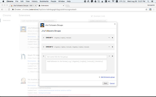 Jira Followers Groups  from Chrome web store to be run with OffiDocs Chromium online