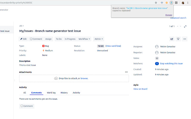 JIRA Issue Branch Name Generator  from Chrome web store to be run with OffiDocs Chromium online