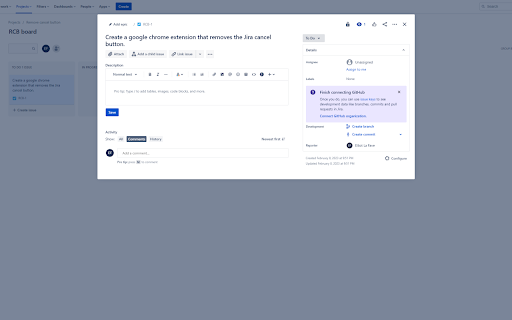JIRA Remove Cancel Button  from Chrome web store to be run with OffiDocs Chromium online