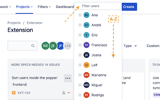 JIRA Sort and filter assigned users  from Chrome web store to be run with OffiDocs Chromium online