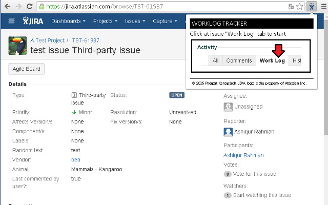 JIRA Worklog Tracker  from Chrome web store to be run with OffiDocs Chromium online