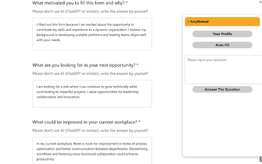 Job Application AutoFiller from Chrome web store to be run with OffiDocs Chromium online Job Application AutoFiller from Chrome web store to be run with OffiDocs Chromium online