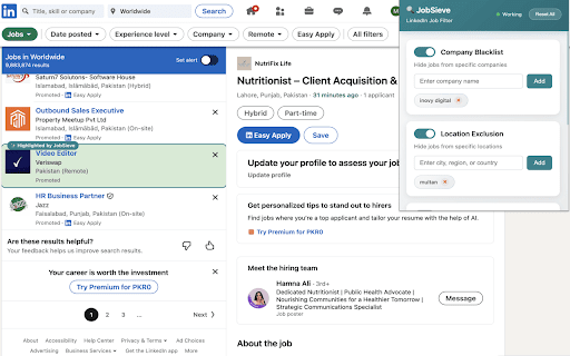 JobSieve LinkedIn Job Filter  from Chrome web store to be run with OffiDocs Chromium online
