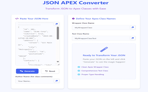 JSON2Apex Converter  from Chrome web store to be run with OffiDocs Chromium online