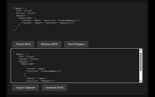 JSONBeautifyinator  from Chrome web store to be run with OffiDocs Chromium online
