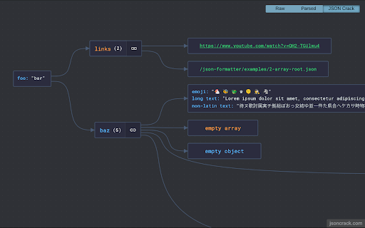 JSON Crack Formatter  from Chrome web store to be run with OffiDocs Chromium online