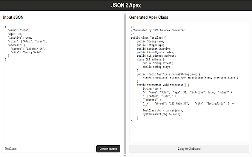 JSON to Apex Converter  from Chrome web store to be run with OffiDocs Chromium online