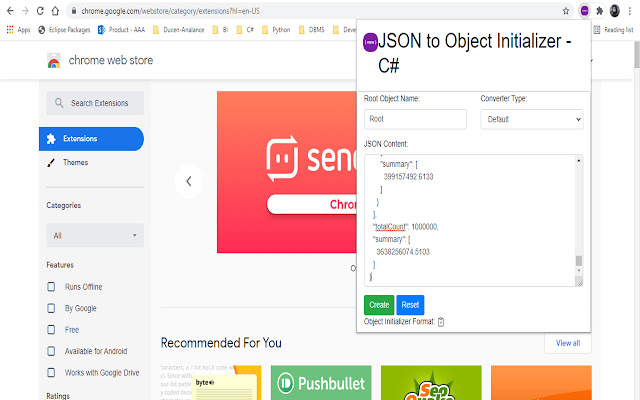 JSON to Object Initializer C#  from Chrome web store to be run with OffiDocs Chromium online