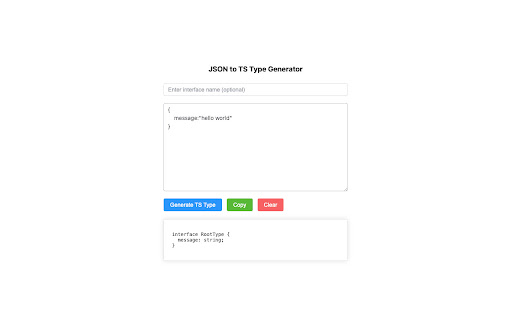 JSON to TS Type Generator from Chrome web store to be run with OffiDocs Chromium online JSON to TS Type Generator from Chrome web store to be run with OffiDocs Chromium online