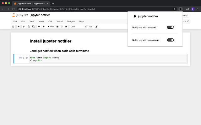 Jupyter Notifier  from Chrome web store to be run with OffiDocs Chromium online