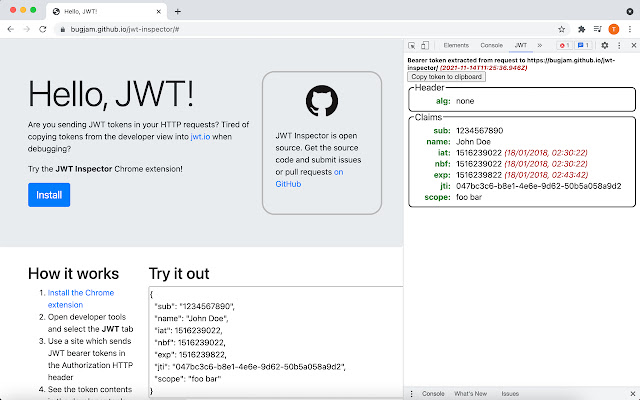 JWT Inspector  from Chrome web store to be run with OffiDocs Chromium online