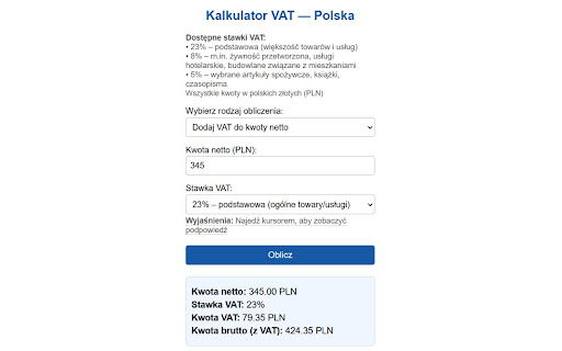 Kalkulator VAT Polska  from Chrome web store to be run with OffiDocs Chromium online