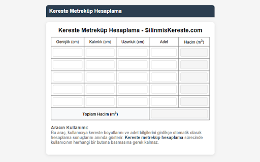 Kereste Metreküp Hesaplama  from Chrome web store to be run with OffiDocs Chromium online