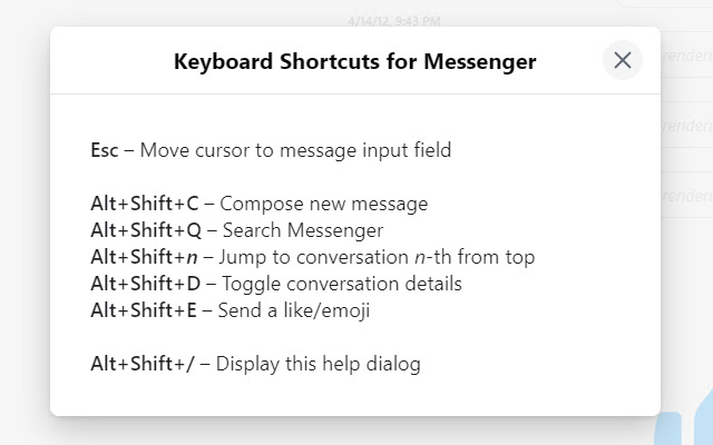 Keyboard Shortcuts for Messenger  from Chrome web store to be run with OffiDocs Chromium online