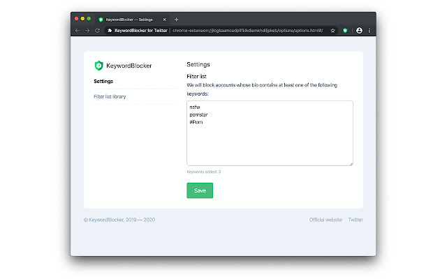 KeywordBlocker for Twitter  from Chrome web store to be run with OffiDocs Chromium online