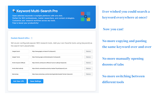 Keyword Multi Search Pro  from Chrome web store to be run with OffiDocs Chromium online