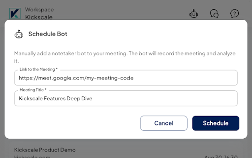 Kickscale Sales Meeting Assistant  from Chrome web store to be run with OffiDocs Chromium online