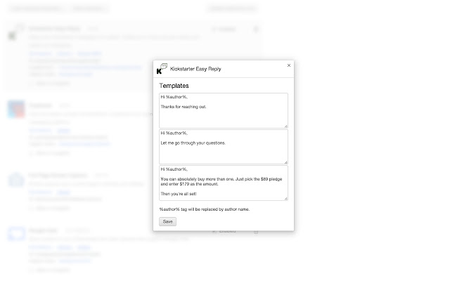Kickstarter Easy Reply  from Chrome web store to be run with OffiDocs Chromium online