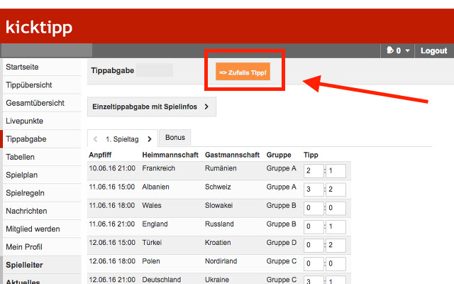 Kicktipp Zufallstipper  from Chrome web store to be run with OffiDocs Chromium online