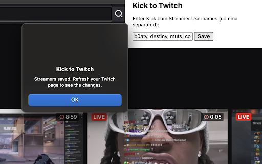 Kick to Twitch  from Chrome web store to be run with OffiDocs Chromium online