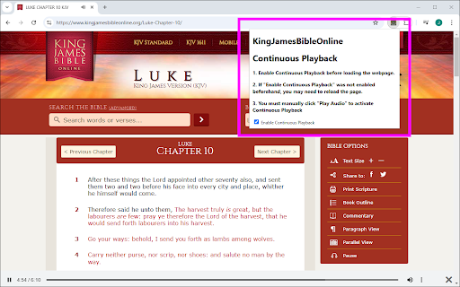 KingJamesBibleOnline.org Bible Audio Continuous Playback  from Chrome web store to be run with OffiDocs Chromium online