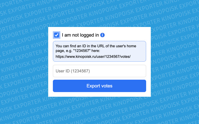Kinopoisk Exporter  from Chrome web store to be run with OffiDocs Chromium online