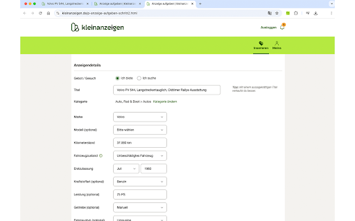 Kleinanzeigen Auto Inserieren  from Chrome web store to be run with OffiDocs Chromium online