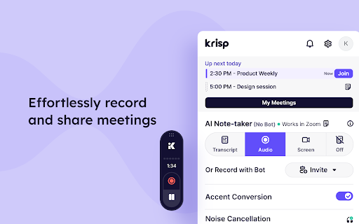Krisp: AI Note Taker for Meet, Zoom, Teams  from Chrome web store to be run with OffiDocs Chromium online