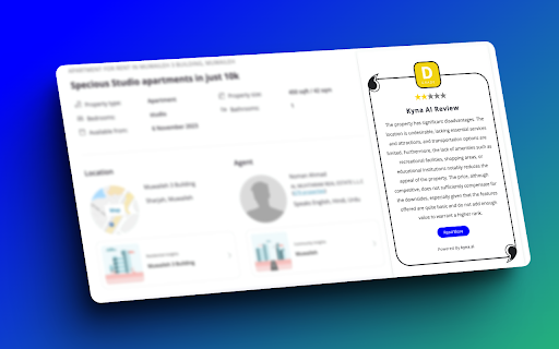 Kyna AI Reviewer – Smart Property Insights for Zillow  More  from Chrome web store to be run with OffiDocs Chromium online