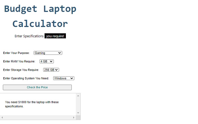 Laptop Budget Calculator  from Chrome web store to be run with OffiDocs Chromium online
