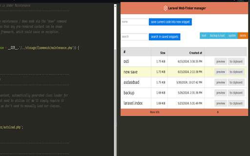 Laravel Web Tinker manager from Chrome web store to be run with OffiDocs Chromium online Laravel Web Tinker manager from Chrome web store to be run with OffiDocs Chromium online